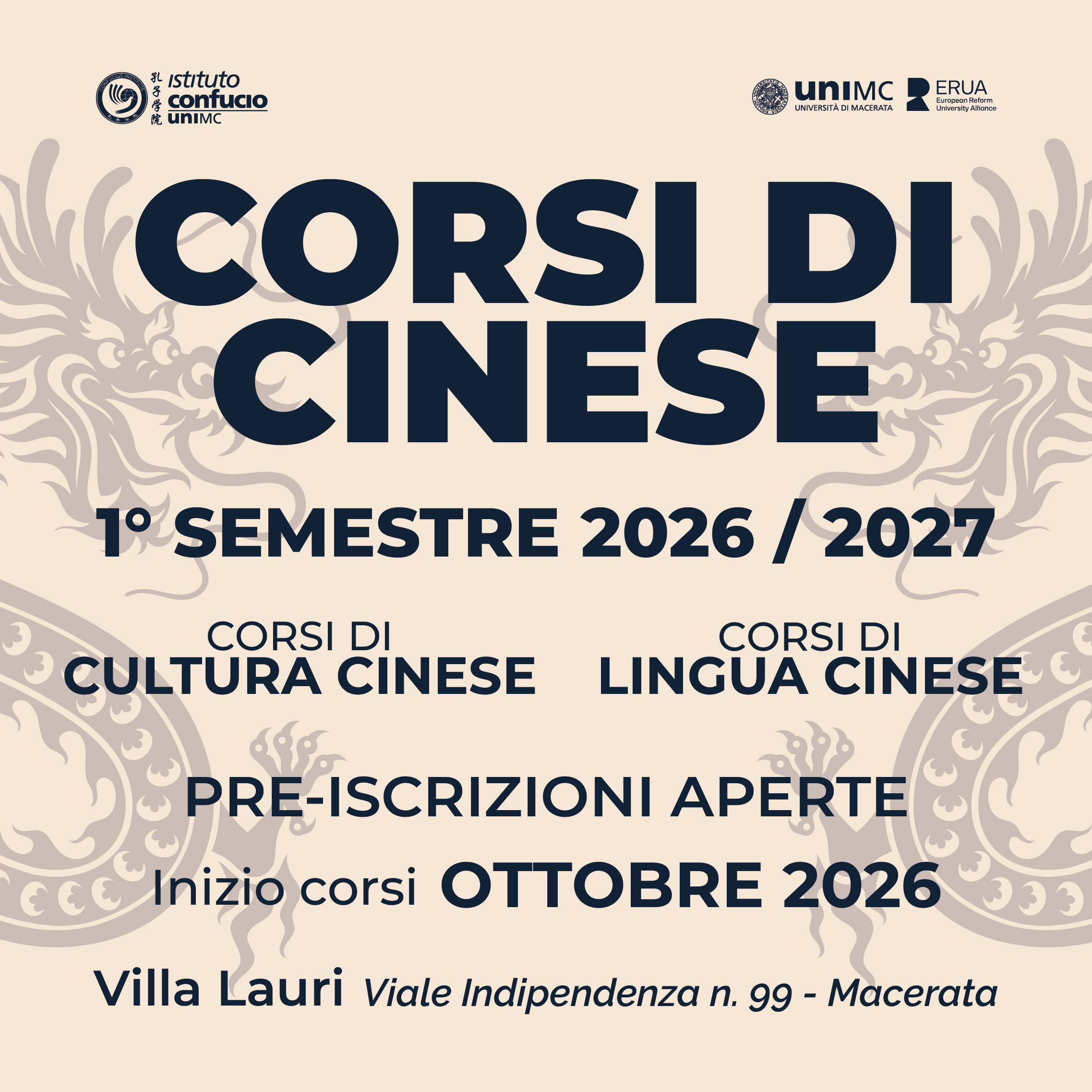Corsi di Lingua e Cultura Cinese - 1° semestre 2026 / 2027