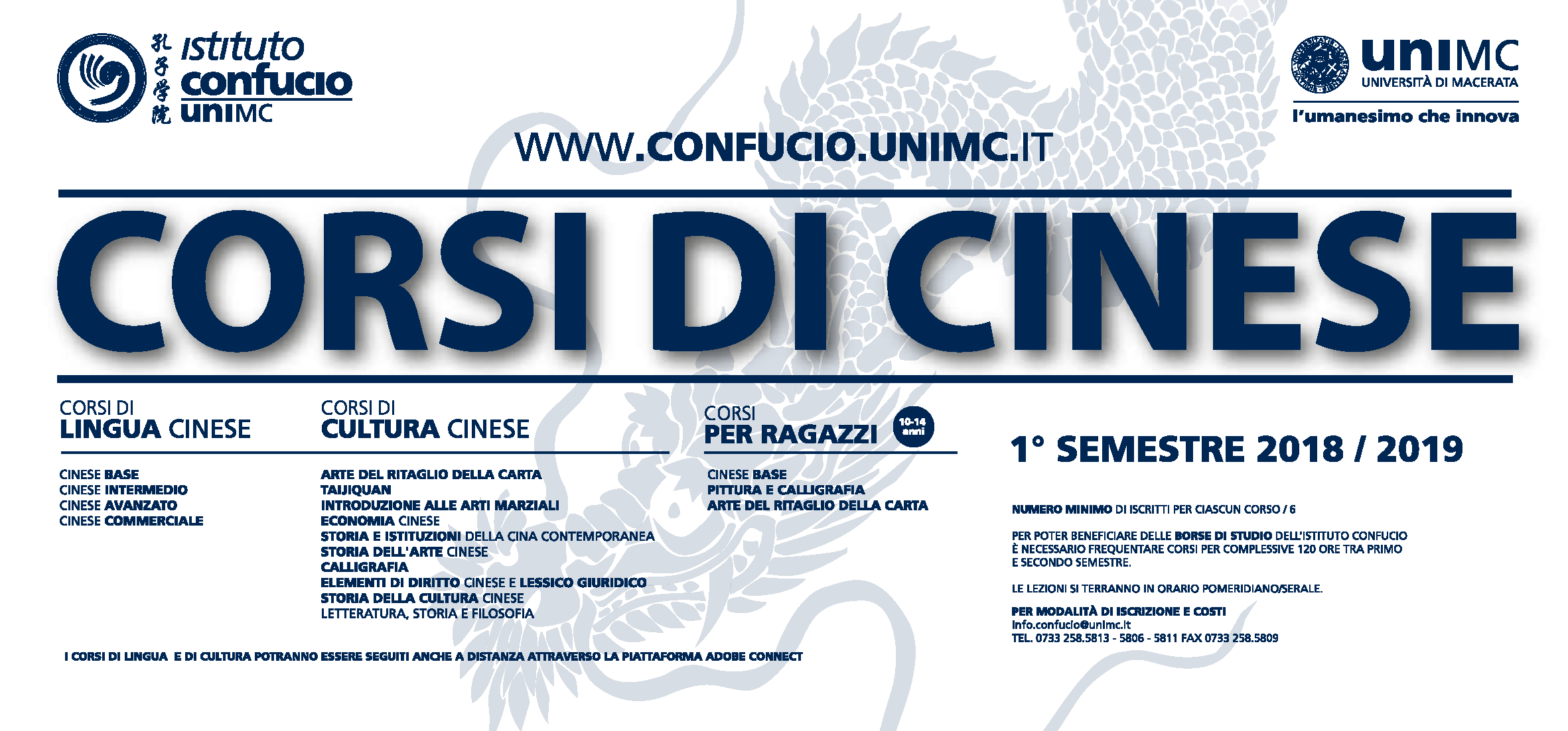 Corsi  di lingua e cultura cinese - primo semestre 2018 / 2019